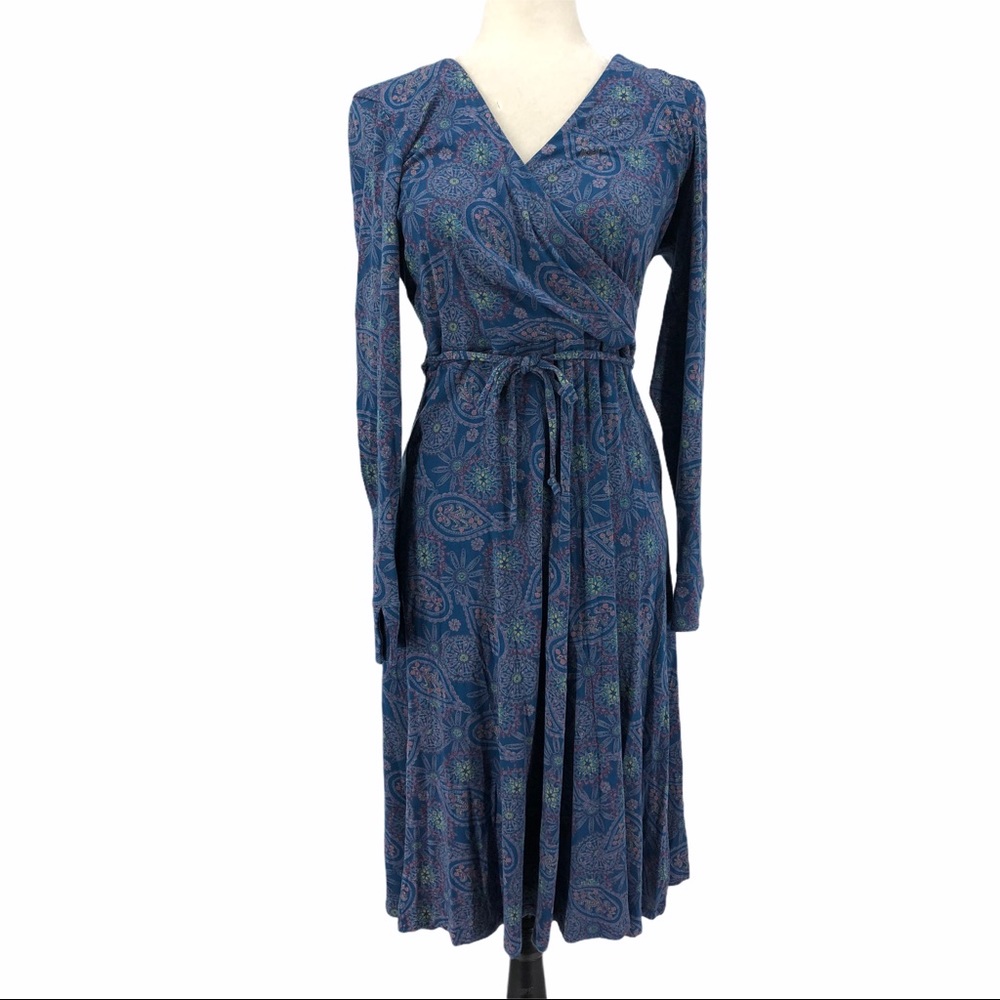 Madison studio blue long sleeve faux wrap dress